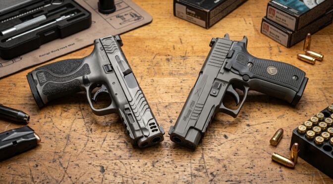 Smith & Wesson M&P Shield Plus and SIG Sauer P365 pistols with ammunition.