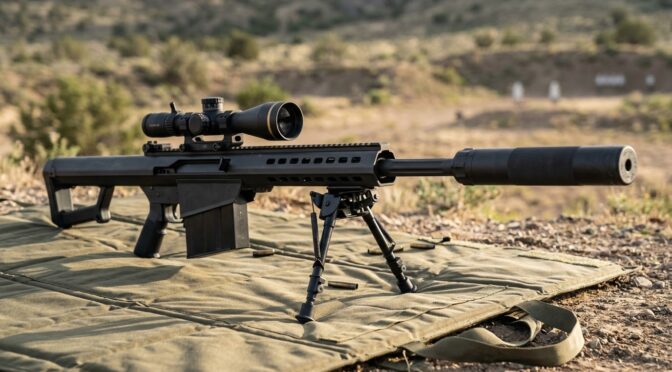 .50 BMG rifle with suppressor and scope on shooting mat. Engineering analysis of suppressor systems.