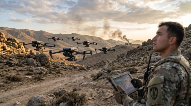 Soldier controls drones with tablet in mountainous terrain. Smoke visible in background.