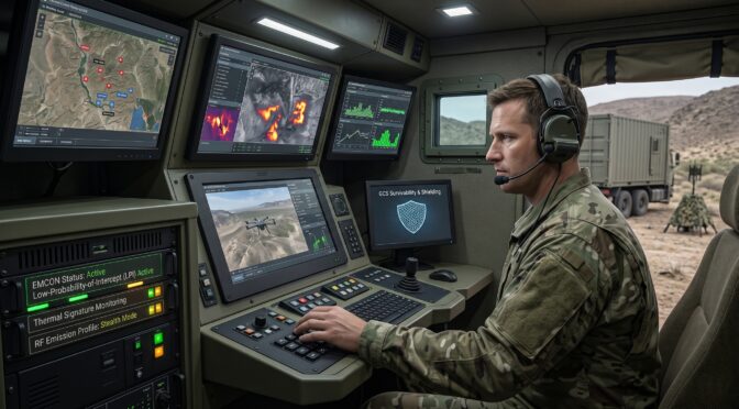 Soldier monitors drone and thermal data on multiple screens in a mobile command center.