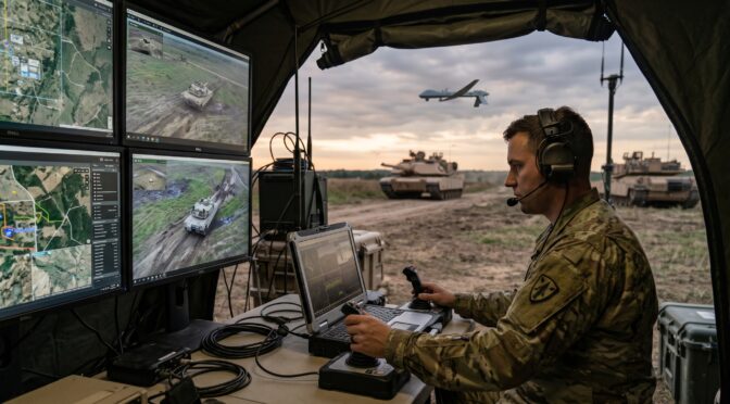 Soldier operating drone controls with tanks and monitors in background.