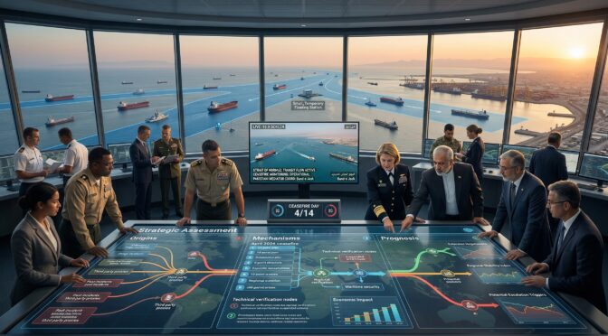 Strategic assessment room with officials analyzing Strait of Hormuz ceasefire data.