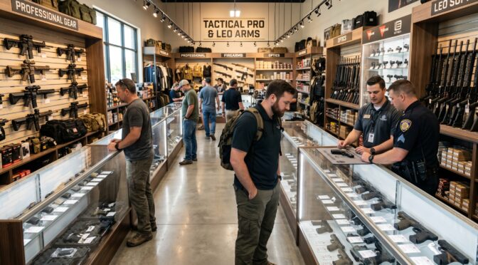 Inside Tactical Pro & LEO Arms store with customers browsing firearms and tactical gear.