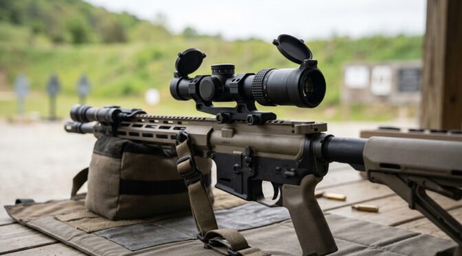 AR-15 rifle with LPVO scope on shooting bench