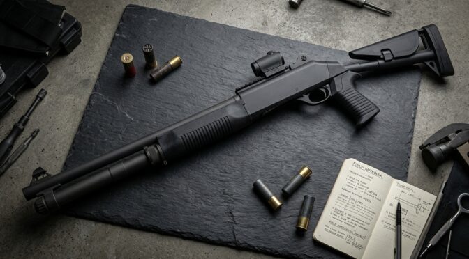 Benelli M4 EXT tactical shotgun on a slate surface with shells and tools.