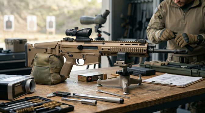 Tan AR-15 rifle on workbench with tools and targets in background.