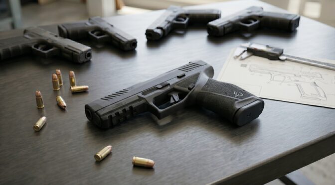 Taurus GX4 pistol with bullets, calipers, and schematic on a desk.