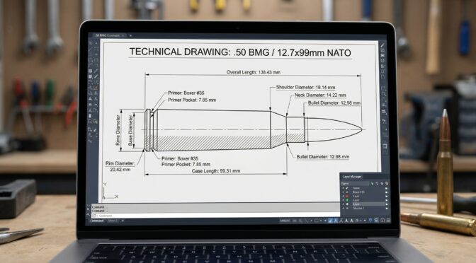 Technical drawing of a .50 BMG / 12.7x99mm NATO cartridge on a laptop screen.