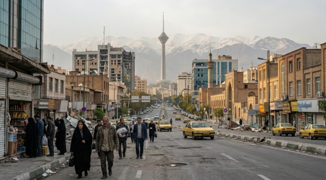 Tehran city street view with Milad Tower and snow-capped mountains in background. Pedestrians, yellow taxis, buildings.