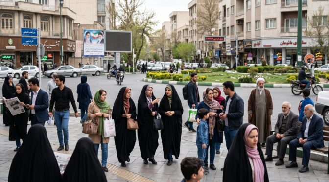 Tehran, Iran street scene with people walking and sitting in a public square.