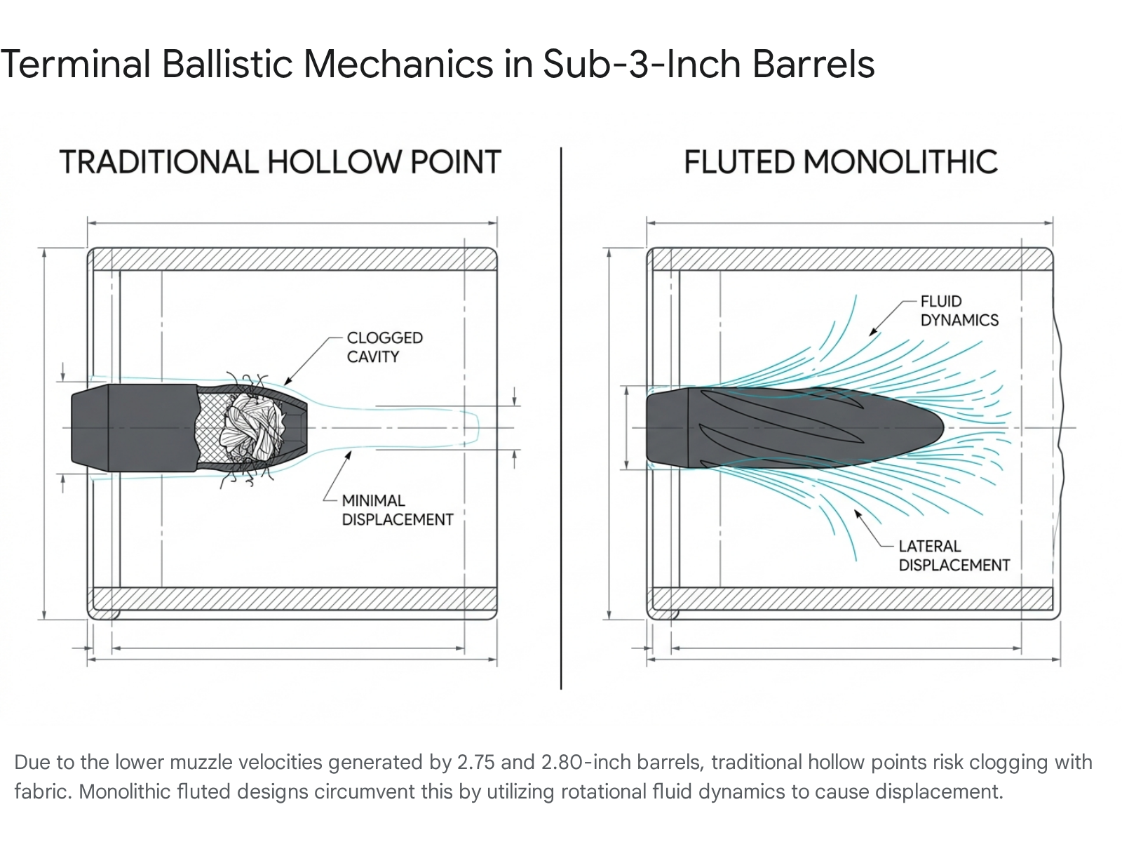 Smith & Wesson Bodyguard 2.0 ammo comparison: traditional hollow point vs. fluted monolithic. "Clogged cavity" text.