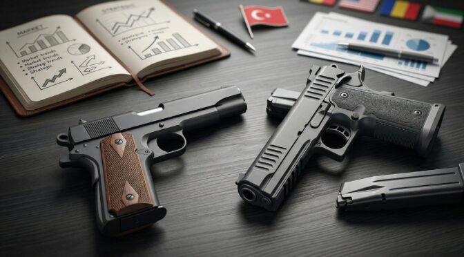 Two pistols on a desk with financial documents and flags.