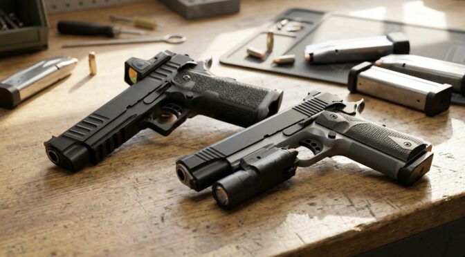 Two pistols on a workbench with magazines and ammunition visible.