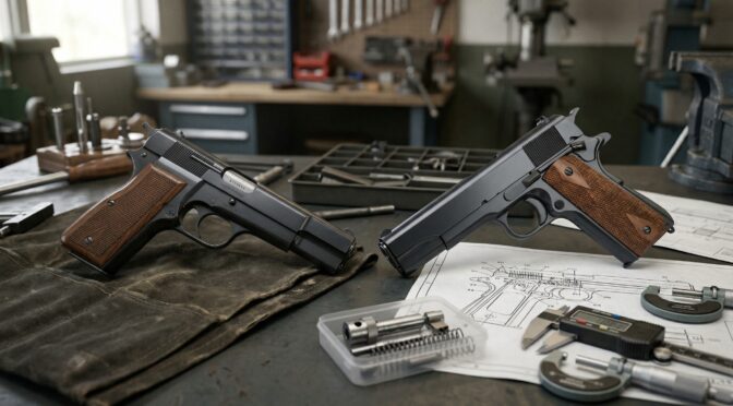 Two pistols on a workbench with blueprints and tools.