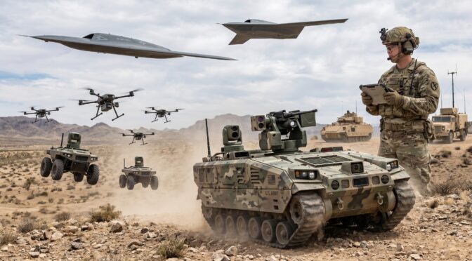 US Army soldier controls autonomous vehicles and drones, showcasing future combat technology.