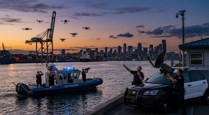 US Police boat and vehicle with drone countermeasures, city skyline at dusk. "US Police" visible on boat.