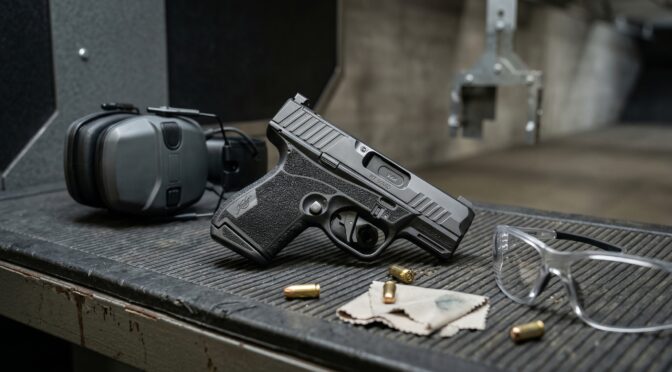 Walther PDP F-Series 9mm pistol on shooting range with safety gear.