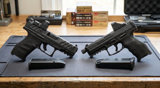 Two Walther PDP pistols with red dot sights and magazines on a mat.