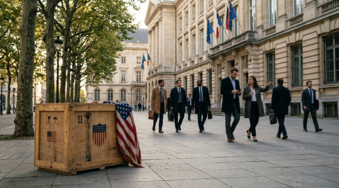 Wooden crate with US flag in European city, people walking by.