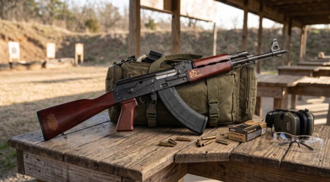 AK-47 rifle with wooden furniture and 30-round magazine on a shooting range table