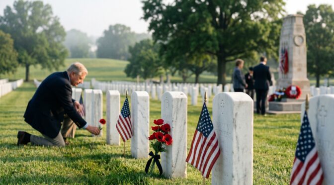 Man places poppy at grave in Arlington National Cemetery with American flags.