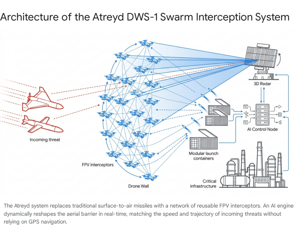 Atreyd DWS-1 swarm interception system architecture with FPV interceptors and 3D radar.