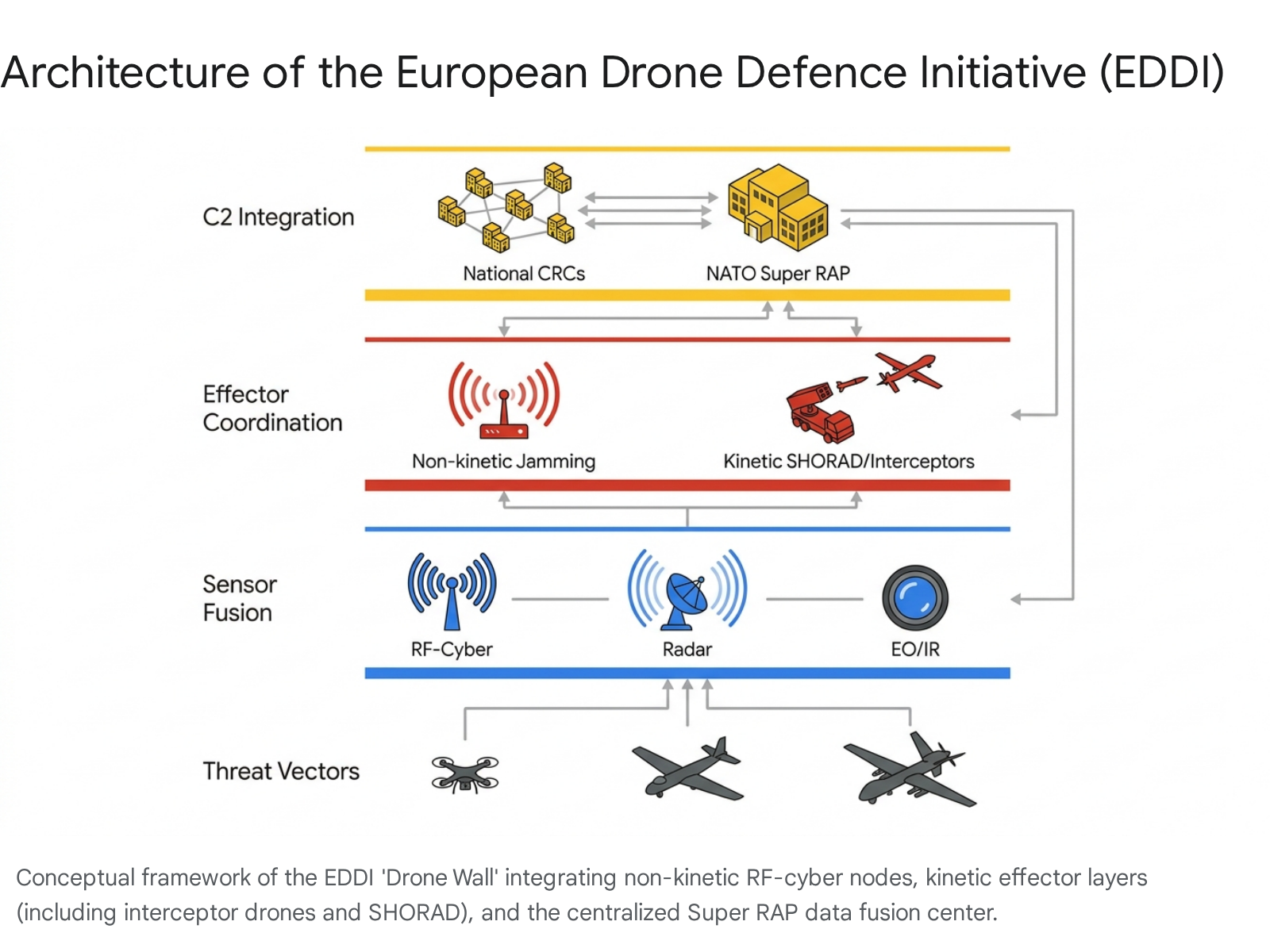 EDDI architecture: C2, effector coordination, sensor fusion, threat vectors, and NATO Super RAP.