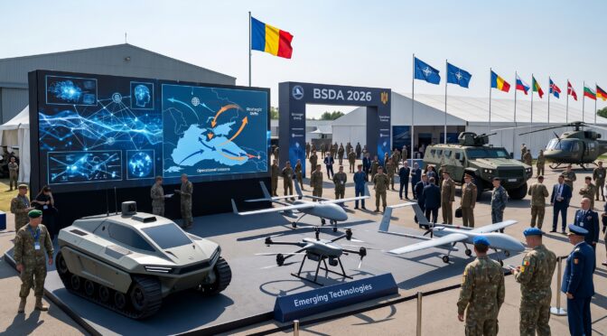 BSDA 2026 exhibition: drones, armored vehicle, military personnel, and NATO flags