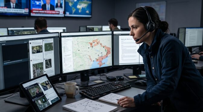 Woman in headset analyzes map data on multiple computer screens in a control room.