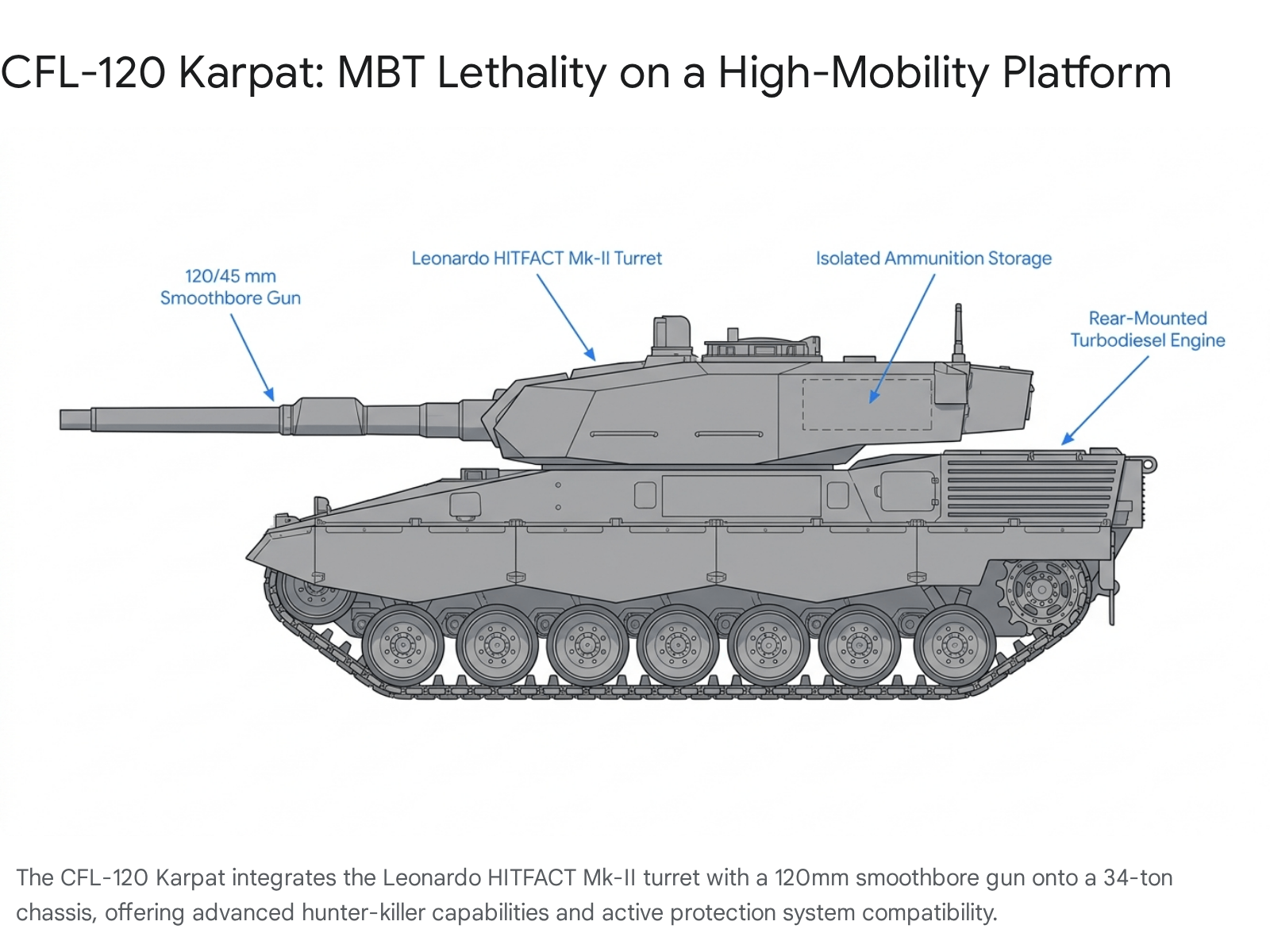 Diagram of a modern tank with technological specifications