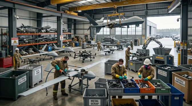 Workers in hazmat suits recycle drones and aircraft parts in a large warehouse.
