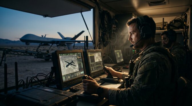 Military personnel operate a drone control station at dusk, with a drone visible outside.