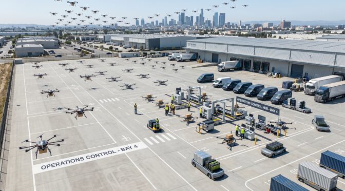 Drones and delivery vehicles at a logistics hub with a city skyline in the background.