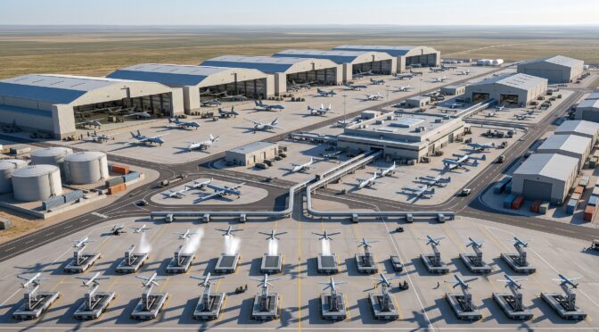 Aerial view of a large drone hangar complex with rows of drones on the tarmac.