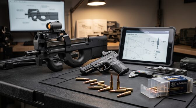 firearm with ammo and tools on a work table