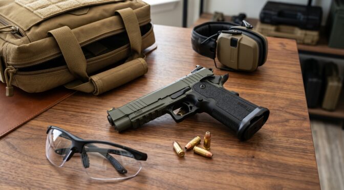 Green 1911 pistol with ammunition, safety glasses, and ear protection on a wooden table.