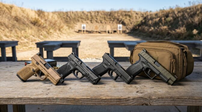 Four handguns and a range bag sit on a wooden table at an outdoor shooting range.