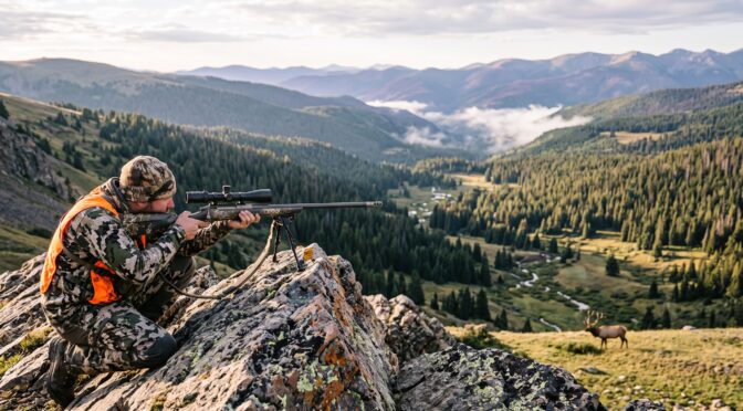 Hunter aims rifle from rocky outcrop overlooking misty valley with elk