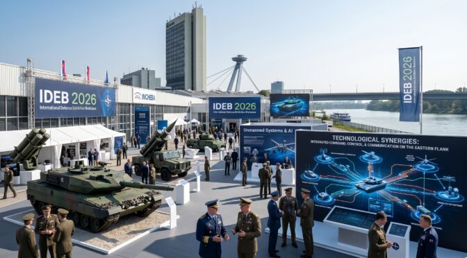 IDEB 2026 International Defence Exhibition Bratislava: Tanks, rockets, and military personnel.