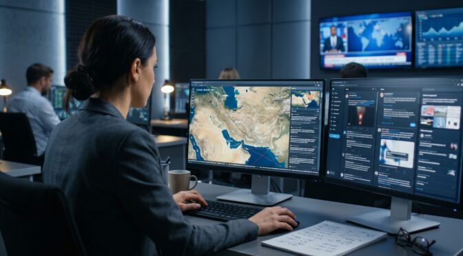 Woman analyzing Iran map on dual monitors in a dark control room.