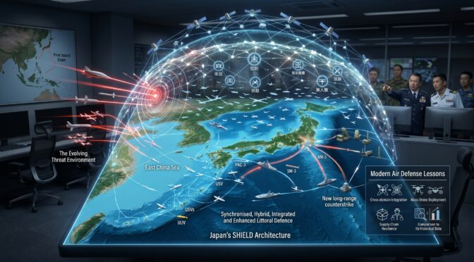 Japan's SHIELD Architecture: Integrated air defense, drones, and naval assets.