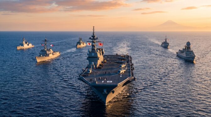 Japanese helicopter carrier JS Kaga leads a fleet formation at sunset with Mount Fuji in the background.