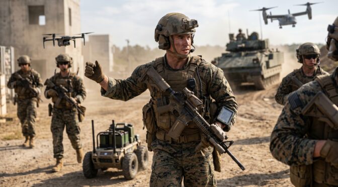 Marines with drones and military vehicles in a training exercise.