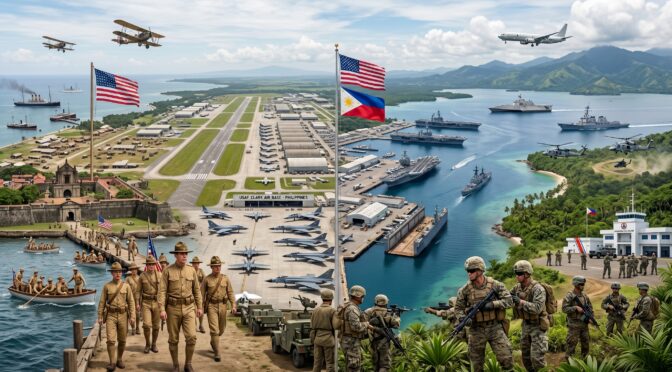 Split image: Past military airbase with biplanes vs. modern airbase with warships and helicopters.