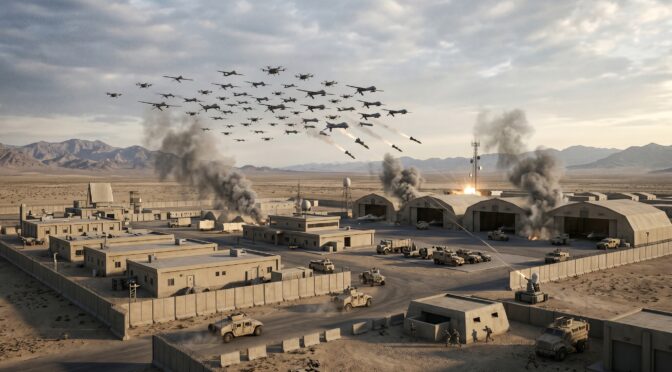 Military base with drones flying overhead and smoke rising from buildings.