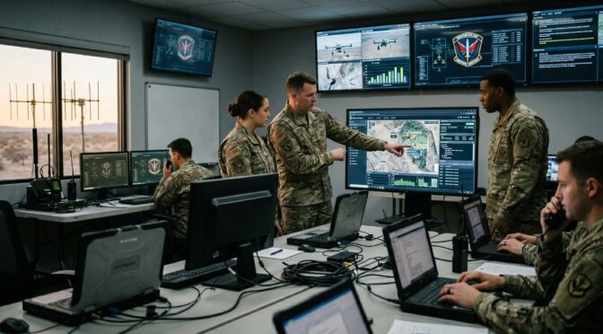 Military personnel analyze drone footage and data on multiple screens in a command center.