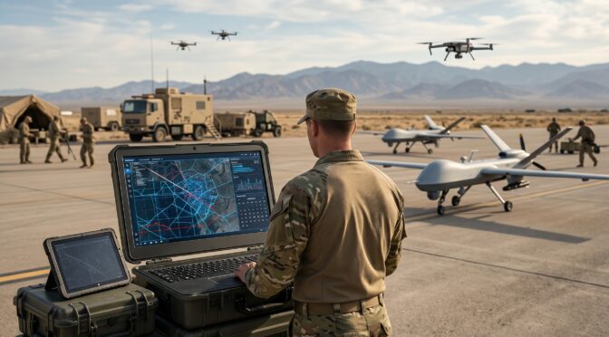 Soldier operates drone control system with drones and military vehicles in desert background.