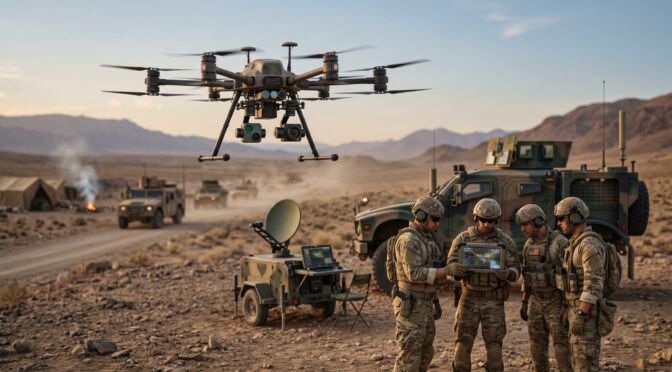 Military personnel review drone data in a desert landscape with vehicles and tents.
