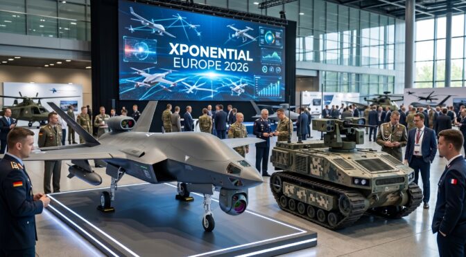Military drone and robot at Exponential Europe 2026 expo, with screen showing aircraft.