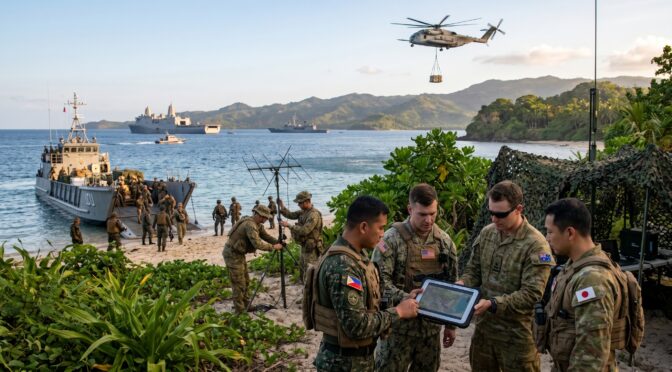 Military personnel from multiple nations train on a beach with a helicopter overhead.